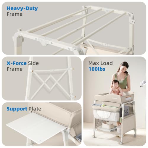 Image of Sweeby Portable Baby Changing Table, Foldable Diaper Changing Station with Waterproof Pad, Mobile Nursery Organizer for Infant & Newborn Essentials, Beige, Gen 2