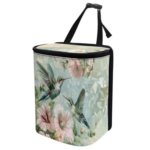 Image of Flower Hummingbird Pattern Automotive Garbage Can Bin with Lid,Washable Car Trash Can for Travel,Cars,Universal Fit Hippie Car Accessory Interior Set