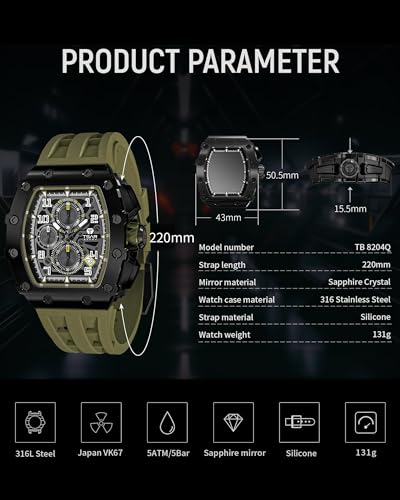 TSAR BOMBA Men's Watch Tonneau Design 50M Waterproof Chronograph Luxury Watches for Men with 316 Stainless Steel Case Square Sport Military Work Wristwatch with 22mm Watch Strap Stylish Men's Gift