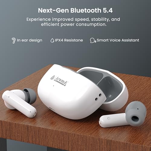 Image of AROMA TWS5 Orbit V5.4 True Wireless Earbuds - Matte White & Grey | Up to 55H Playtime, ENC, Fast Charging, Heavy Bass, Bluetooth