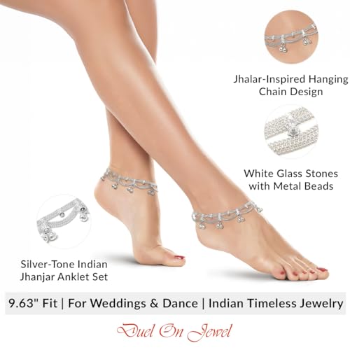 Duel On Jewel Traditional Indian Anklet Payal Sets for Women, Silver-Tone Chain Designs with Soft Bells, Pearls, Enamel, and Bead Charms, Easy-to-Wear S-Hook Clasp, Bridal Wedding Party Dance Jewelry