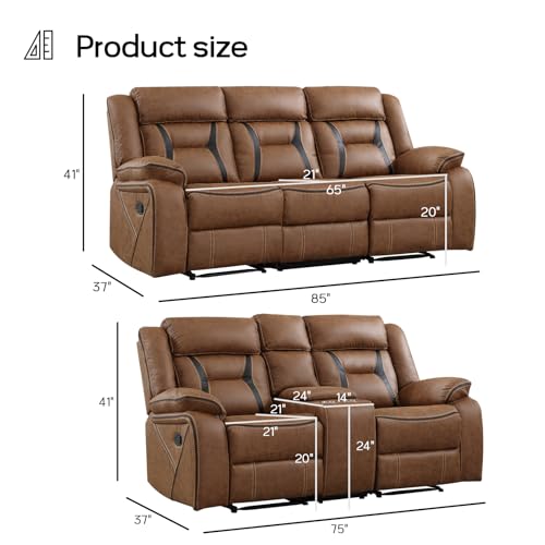 Image of EBELLO Manual Recliner Sofa Set, Faux Leather Reclining Living Room Furniture Set, Included Loveseat and 3 Seat Manual Recliner Sofa, Brown(Loveseat+Sofa)