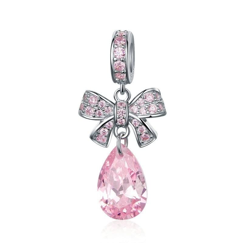 JSFJOFOJSFJOFO Valentine Gift 925 Sterling Silver Pink Bowknot Droplet Cz Crystal Charms Pendant Fit Chain Necklaces Jewelry