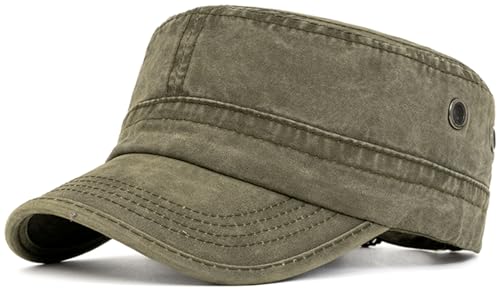 Malaxlx Army Green Military Cadet Army Cap for Men Women Washed Cotton Vintage Adjustable Flat Top Hat