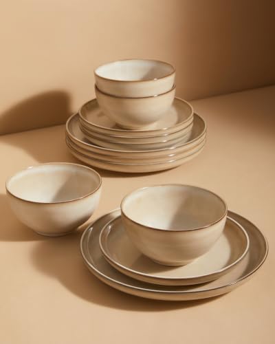 Image of Pokini Stoneware Dinnerware Sets Service for 4, 12 pcs Reactive Glaze Plates and Bowls Sets, Handmade Ceramic Dish Set, Highly Chip and Crack Resistant Modern Plate Set, Mocha Beige