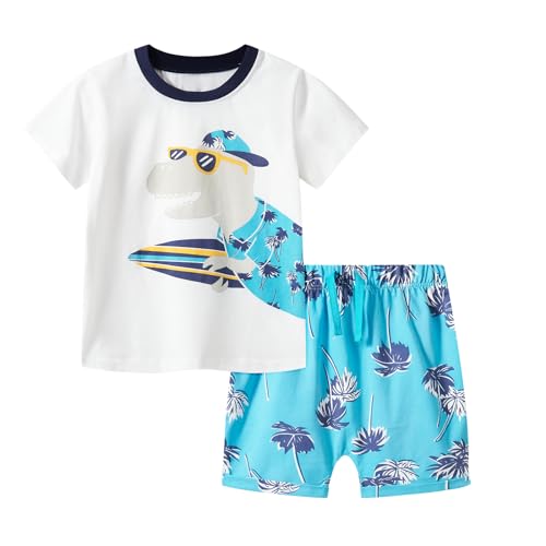 Image of LMYOVE Toddler Boy Short Set Little Boy Clothes Casual CrewNeck Short Sleeve T-Shirt and Short Sets Summer Beach Outfits(3T Skateboarding Dinosaur