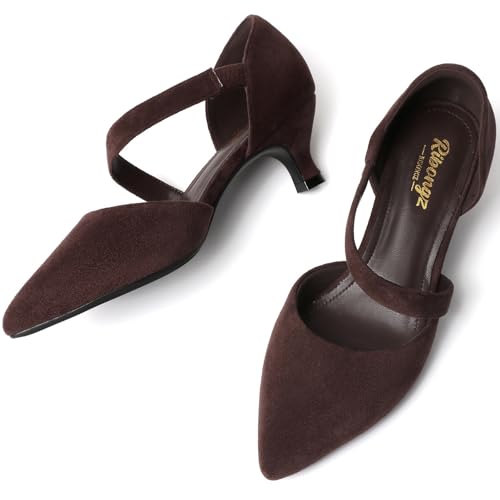 Image of RIBONGZ Kitten Heels for Women Closed Toe Comfortable Low Heels Pointed Toe Sexy Slip on Pumps Bridal Party Dressy Shoes