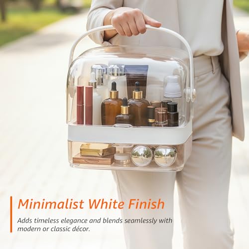 Image of Amazon Basics Glossy ABS+PET Cosmetic Storage Organizer | 27 x 20.5 x 32 cm | 2 Compartments | Waterproof & Dustproof Lid | White