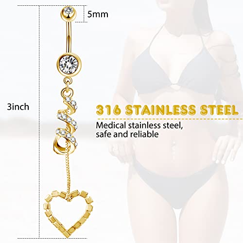 Yaomiao 18 Pieces 14G Stainless Steel Belly Button Ring Rhinestone Heart Dangle Belly Button Rings For Women Belly Button Rings Surgical Steel (Gold) #TOP1