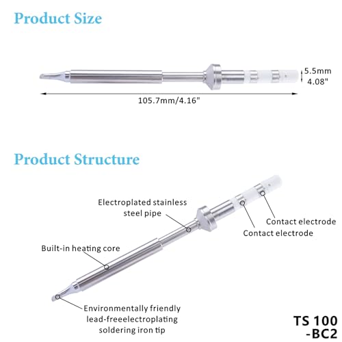 Image of TS100-BC2 Soldering Iron Tips, Rapid Heating Replacement Solder Tips Compatible with TS100, TS101, Pine64 and Pinecil Soldering Irons -Accurate Soldering Easy to Install
