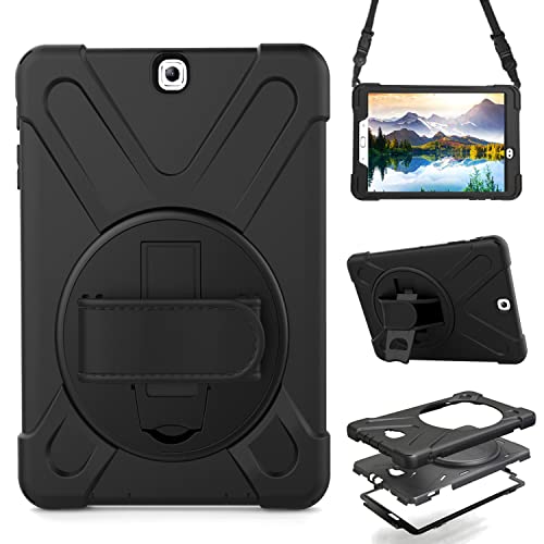 Shockproof Case for Samsung Galaxy Tab S2 9.7 2015 (SM-T810 T813 T815 T817 T818 T819),Portable Heavy Duty Tablet Cover with 360 Rotating Stand Handle Strap & Shoulder Belt Carrying Case (New Black)