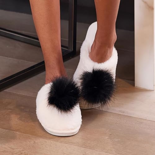 Women's Plush Indoor Slippers House Shoes with Cute Fuzzy Pom Accent4