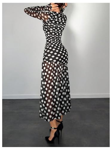 Image of Verdusa Women's Polka Dots Mesh Layered Bodycon Dress Long Sleeve Ruched Long Dress