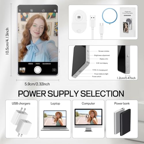 Image of 4K 60FPS Phone Vlog Selfie Monitor Screen, Back Camera Monitor with Bluetooth Remote, Compatible with iPhone Android, 1800mAh for Selfie Vlog No Delay Live Stream for TikTok White