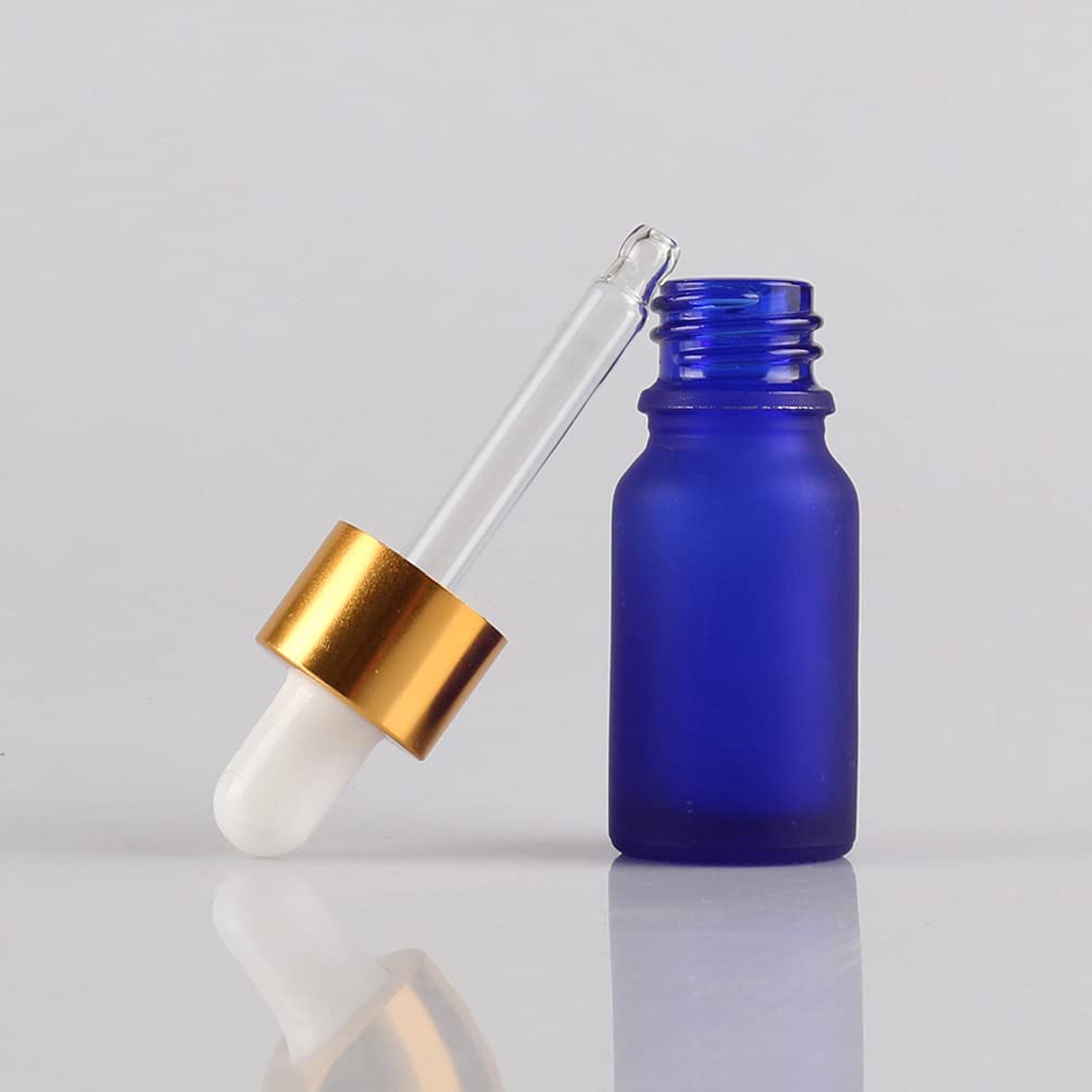 24 Pièces 10ml Flacons en Verre Bleu Mat avec Pipettes, 10 ml Bouteilles Compte-gouttes en Verre Vides avec Bouchon à Vis Or Pour Les Huiles Essentielles Aromathérapie