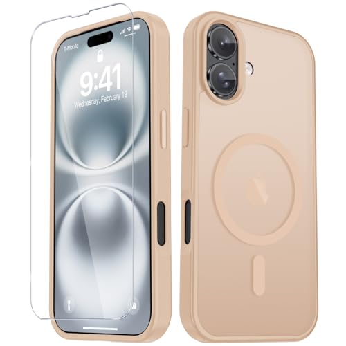 Image of YENAPOON for iPhone 16 Plus Case, Matte Magnetic Phone Cover [with 1 Screen Protector] [Support for MagSafe] [Shockproof Military Grade Protection] Translucent Frosted Back, Coral Pink