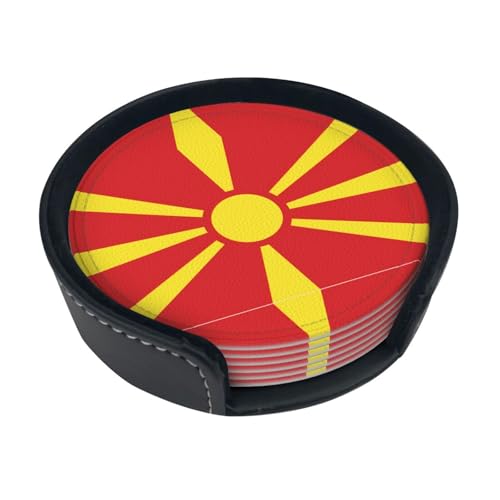 Lot de 6 dessous de verre ronds imprimés drapeau de la Macédoine du Nord avec boîte de rangement pour restaurants et cafés