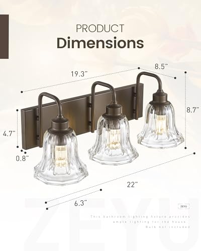 Image of zeyu 22 Inch Bronze Vanity Lights, Farmhouse Wall Sconce Lighting, 3 Light Bathroom Mirror Wall Light, Oil Rubbed Bronze Finish with Clear Striped Glass, ZJX117B-3W ORB