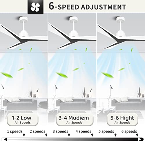 Wofifly 52" Wood Ceiling Fan No Light, Outdoor Indoor Ceiling Fans Without Light, Modern Black And White Ceiling Fans With Remote, Quiet Dc Motor 6 Speeds 8H Timer For Farmhouse Patio Yard #TOP5