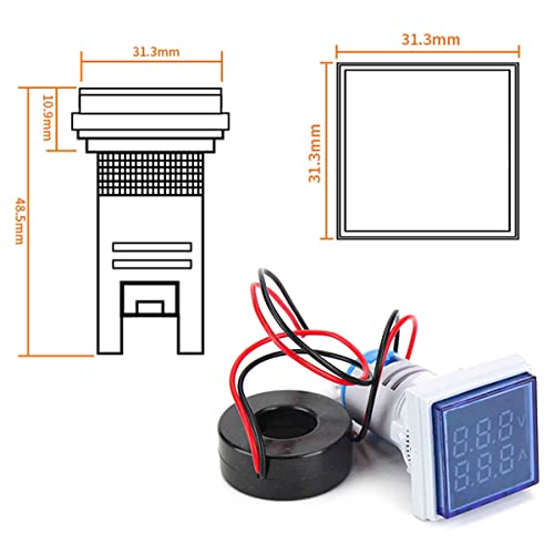 Image of LED Display Voltmeter, Voltage Tester Current Detector Voltmeter Ammeter AC 50-500V 0-100A Meter Indicator - Voltage Tester Current Detector Round 22mm (Square Blue)