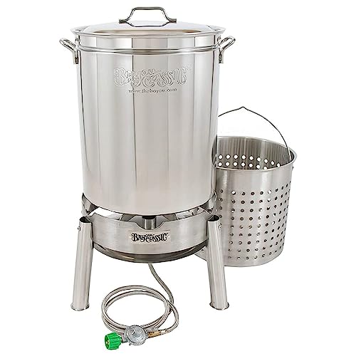 Bayou Classic 62 Quart Stainless Steel Boil and Steam Cooker Kit with Lid, Basket, Single Jet, 10...