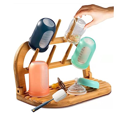 Image of Tuehaeyi Bamboo Wood Baby Bottle Drying Rack, Portable Dryer Rack Organizer for Baby Bottles, Cups, Pacifiers, Accessories