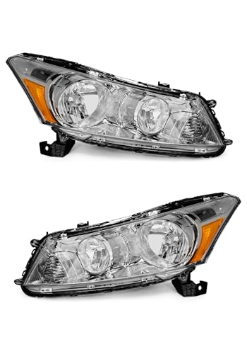 2008-2012 Honda Accord Headlight Assembly for 08 09 10 11 12 Accord 4dr Chrome Housing Headlamp(NOT fit coupe or Crosstour models) Clear Lens with Amber Reflector Replacement Driver+ Passenger Side