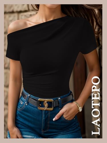Off The Shoulder Tops for Women Going Out Summer Top Trendy Short Sleeve T Shirts Sexy Asymmetrical Blouses 6
