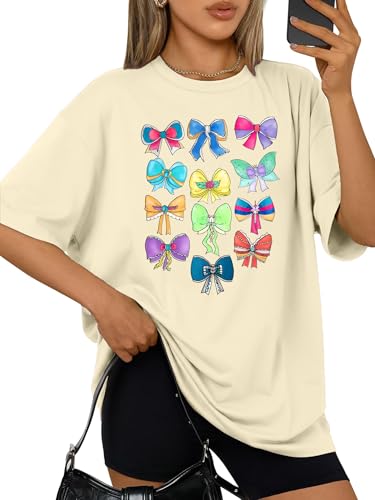 Princess Bow Shirt for Women Bow Graphic Printed T-Shirt Magic Cute Princess Shirts Asethetic Tees Summer Casual Tops(Apricot,Large)