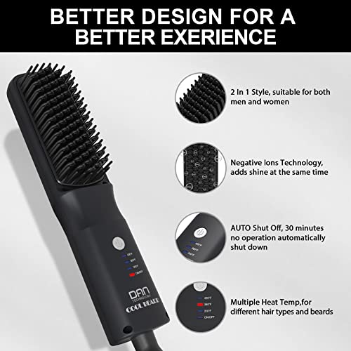Portable Beard Straightener For Men, 3 In 1 Styling Kit With Bristle Brush And Beard Scissor, Anti-Scald Feature, Negative Ionic Technology, 3 Temperature Settings For Beard & Hair, Gifts For Men #TOP3