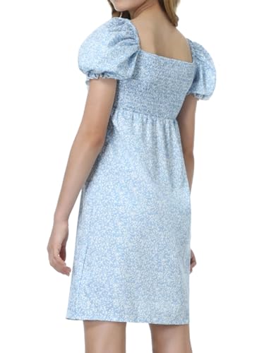 Mebius Girls Floral Print Dress Kids Puff Sleeve Square Neck Smocked Bow Front Short Sleeve A-line Dresses Casual3