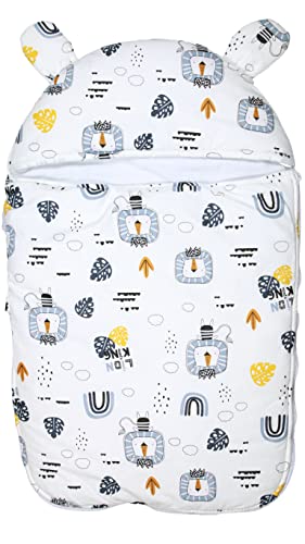 Moewe Baby Fußsack für Neugeborene | Ganzjahresschlafsack aus 100% Baumwolle 2,5 TOG perfekt für unterwegs | Integrierter Wind- und Sonnenschutz | kuschelweich und atmungsaktiv | Anti Kick(Löwe)