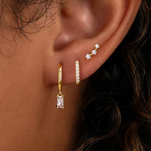 Poxtex Small 14K Gold Plated Huggie Hoop Earrings Set for Women, Hypoallergenic Trendy Dangle for Multiple Piercings, Dainty Cute Mini Lightweight Cartilage Climber Jewelry for Sensitive Ears by Poxtex - Used condition - US$9.36