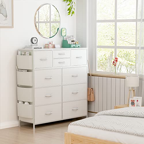 Lulive 10 Drawer Dresser, Chest of Drawers for Bedroom with Side Pockets and Hooks, PU Storage Dresser, Sturdy Steel Frame, Wood Top, Organizer Unit for Nursery, Hallway, Closet (White)
