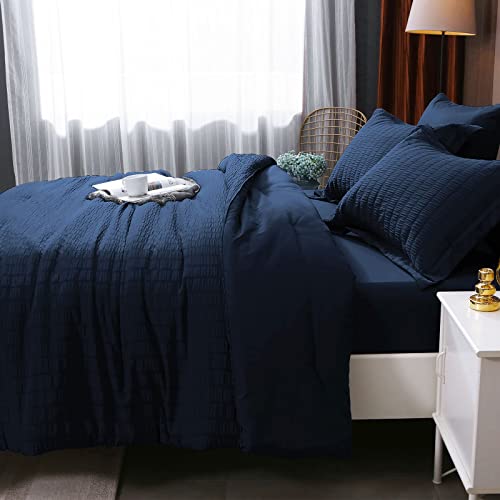 Hymokege Navy Blue Queen Comforter Set Seersucker 8 Pieces, All Season Luxury Bed In A Bag For Bedroom, Bedding Set With Comforters, Sheets & Skirt, Pillowcases & Shams #TOP4