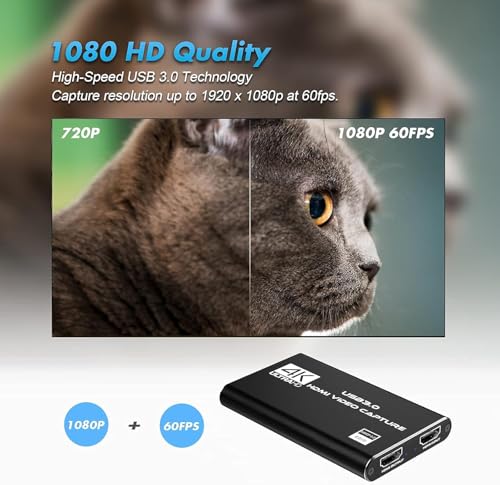 Image of Video Capture Card, 4K HDMI Video Capture, USB 3.0 Game Capture Card, Video Capture Device Full HD 1080p 60FPS for Live Streaming, Work with PS4 /PS5 /Xbox /PC /Mac Linux Android Windows 10 /11