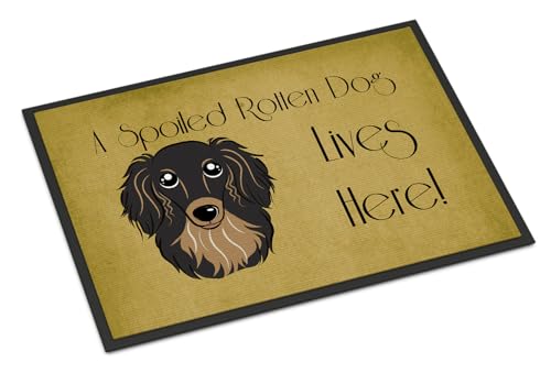 Caroline's Treasures BB1461JMAT Longhair Black and Tan Dachshund Spoiled Dog Lives Here Doormat 24x36 Front Door Mat Indoor Outdoor Rugs for Entryway, Non Slip Washable Low Pile, 24H X 36W