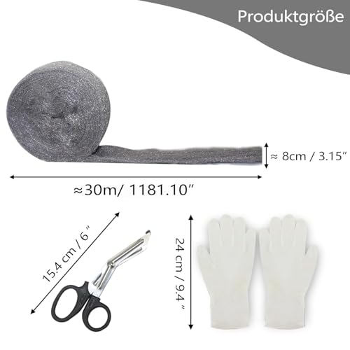 LANZLC Stahlwolle, 30m Stahlwolle Gegen Mäuse mit Handschuhe und Schere, Edelstahlwolle Ultrafeine, 0000 Steel Wool zur Polieren, Steelwool Ratten für Löcher, Wand Risse, Haus, Garage, Garten