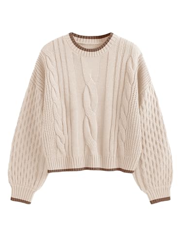 ZAFUL Women's Solid Knit Cable Sweater Casual Long Lantern Sleeve Pullover Crew Neck Knitted Tops