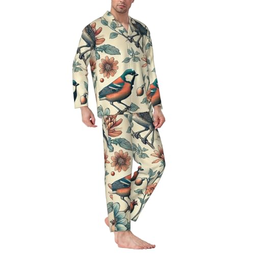 Mens Long Sleeves Pajama Set Birds Shore Floral Vintage Cozy Two-Piece Loungewear For Nighttime Comfort,Casual Wear2