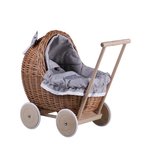 e-wicker24 Alles aus Weide Puppenwagen aus Weide mit Bettwäsche perfekte Geschenkidee Korbpuppenwagen schöner Spielzeug aus Korbgeflecht Korbwagen für Puppen Spielzeug für Mädchen (Grau1)