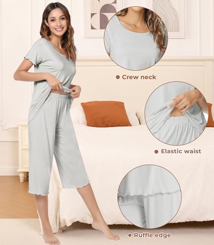 Image of NACHILA Women's Bamboo Viscose Pajama Sets Summer Cooling Short Sleeve Capri Soft Pjs Night Sweats Moisture Wicking Sleepwear