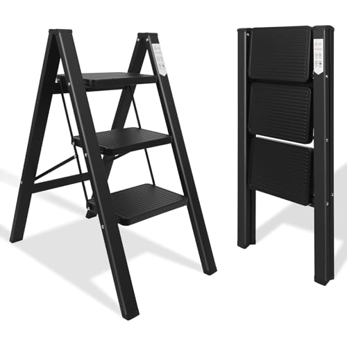 kisidus Escabeau 3 Marches Marche Pied Pliante Échelles Pliable Antidérapants 3-Level Max 150kg Acier Robust...