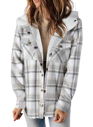 Image of Dokotoo Winter Coats for Women Hooded Shacket Jacket Fashion Plaid Flannel Shirts Fleece Lined Long Sleeve Button Up Jackets Sherpa Fuzzy Thick Coat Vintage Fall Warm Oversized Outwear White M