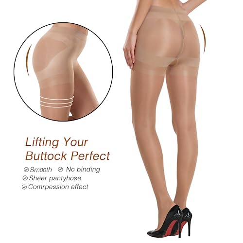 MANZI 2 Pairs Women's Sheer Tights 40D High Waist Control Top Pantyhose Thigh High Stockings with Reinforced Toes2