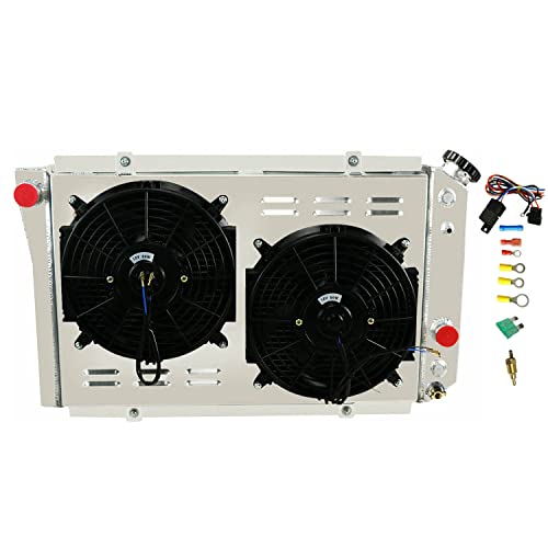 COOLINGBEST 4 Row Aluminum Radiator for 1982-2002 Chevy Corvette/ S10/S-10 Blazer V8 Conversion, Crossflow Radiators Electric Fan Shroud Thermostat Kit Combo