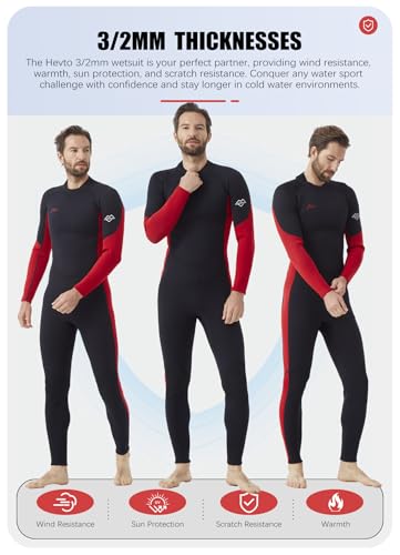 Image of Hevto Men Wetsuits 3 /2mm Neoprene Back Zip Fullsuit Scuba Diving Wet Suit in Cold Water for Surfing Swimming Paddleboard (Men1-Red, MS)