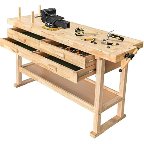 Olympia Tools 60-Inch Wooden Workbench - Rubberwood Workbench with 4-Drawer, 450lbs Weight Capacity - Perfect Workbench for Garage, Workshop and Home, Natural Cover