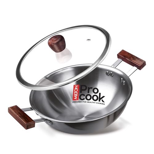 Image of MILTON Pro cook Induction Cookware & Gas Stove Friendly Triply Stainless Steel Kadhai with Glass Lid 22cm (2L) | Deep Fry Pan | Sturdy Wooden Handle | Less Oil Healthy Cooking | 3Y Warranty | Silver