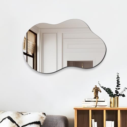 PUZONJIG 32''x20'' Frameless Asymmetrical Wall Mirror, Irregular Bathroom Mirror, Wavy Vanity Mirror for Modern Bathroom, Bedroom, Entryway and Living Room Decor